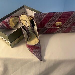 J.Renee (Percy)Gray and Purple Croc-Embossed Slingback Heels & Matching Clutch